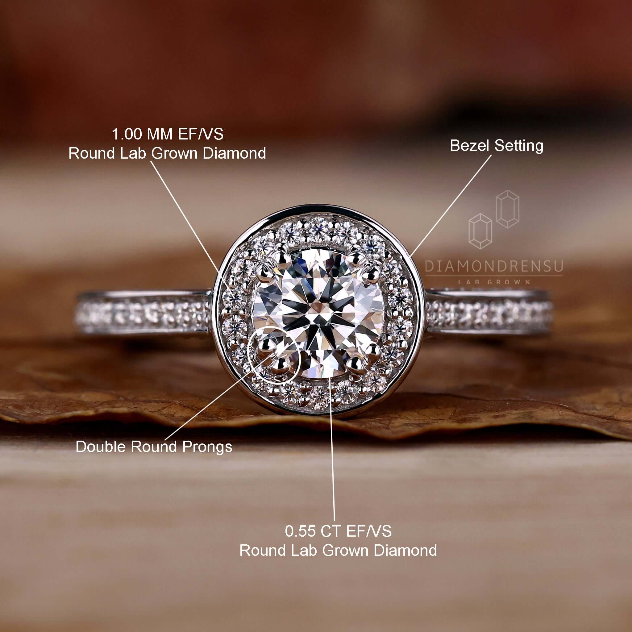 Round Cut Modern Bezel Halo Engagement Ring - Anita - Sylvie Jewelry